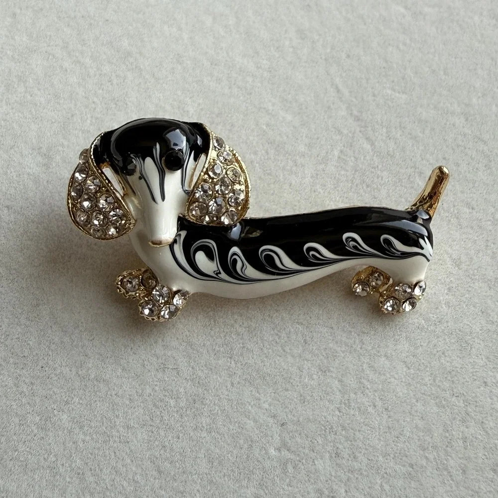 Dachshund Dog Brooch Pendant Black White Enamel Gold Tone Rhinestone Crystal